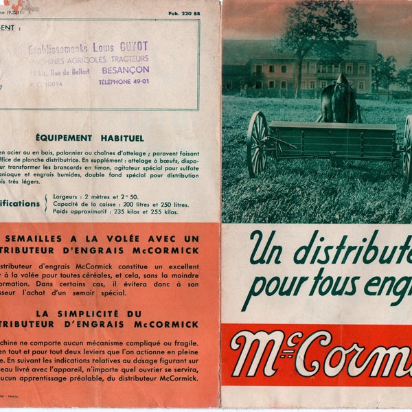 vintage Tracteur Guide de vente Mc Cormick 1930s vintage Français Seed Spreader Cataloge Original Horse Drawn Seed Drill Guide