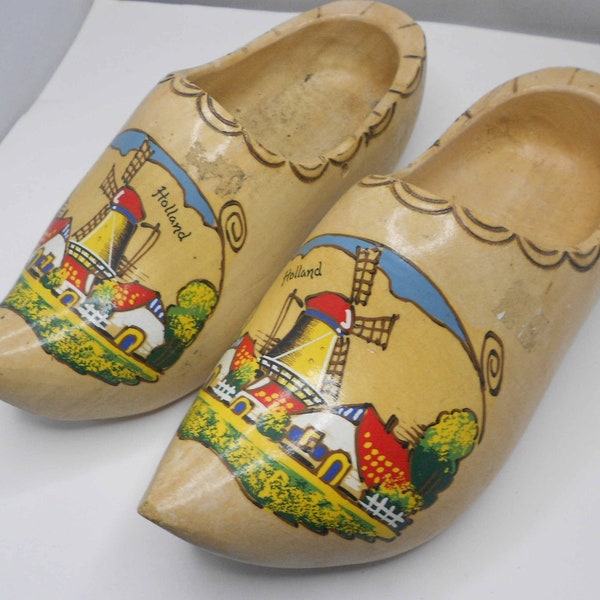 Dutch Clogs Pair Hand painted Wooden Shoes Hand Carved Clogs with Dutch scene of windmills and 'Holland' Child's size clogs