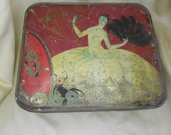 Vintage French Art Nouveau  Decorated Tin Sweet Toffee Sewing Tin 1900s Caberet Dancer Painted On The Lid Stylized Roses 9 x 8 inches