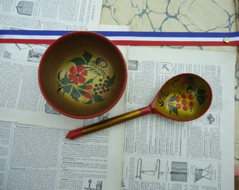 Original Vintage Traditional Peasant Handmade Russian Wooden Bowl and Spoon. Made in USSR 1970s decorated traditional bowl and spoon