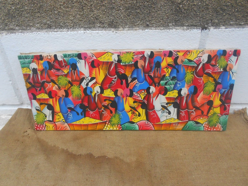 Oil Painting 1960s shops Oil on Canvas Unusual Bright Colored African Market Scene Signed FRANCIS Well Executed