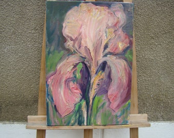 Huile sur toile belle peinture florale vintage iris rose, nature morte des années 1980, style expressionniste sans cadre, 22 x 15 pouces, belle couleur