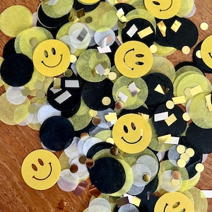 Happy Dude Confetti One Happy Dude Smile Face Retro Summer Boys Party Two Cool Rad Dude black and yellow party decor