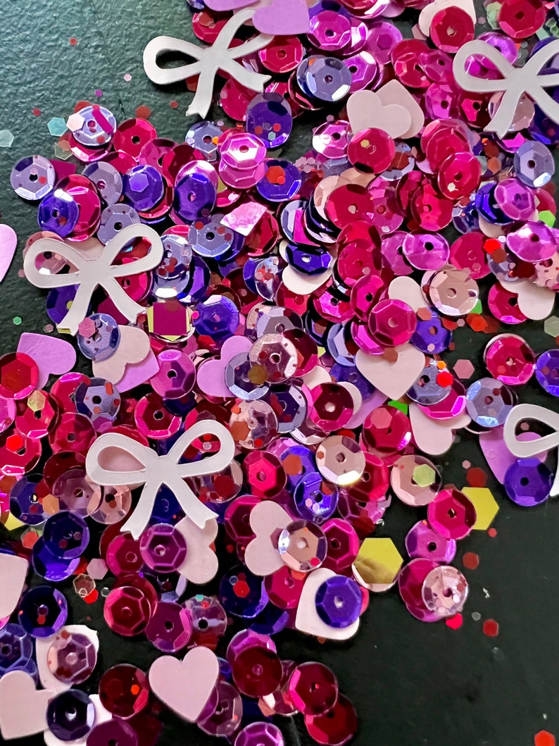 Valentines Glitter Confetti pink and purple Party Decor hearts bow confetti, purple pink gold glitter confetti image 1