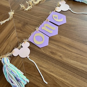 Pastel Disneyland Birthday High Chair Banner Vintage Mouse Decor happiest birthday on earth mickey balloons