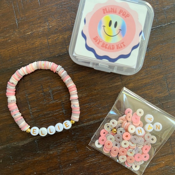 Party Favor Name bead bracelet personalized gift slumber party for teen girls neutral clay bead DIY bracelet kit goodie bag bracelet boho