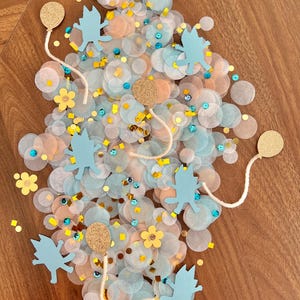 Bluey Birthday Confetti Pastel Blue Dog Decor balloons and daisy confetti puppy pawty blue and orange dog