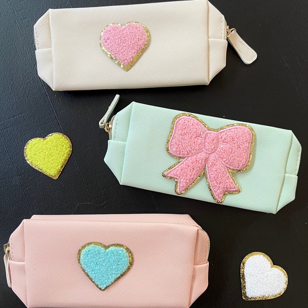 Spring Make Up Bag | Gift for girls with preppy patch cosmetic bag | girls bow or heart pouch or birthday gift