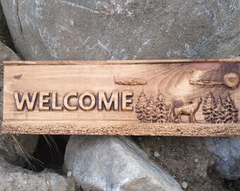 Rustic Custom Wildlife WoodCarved Welcome Sign