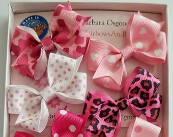 6 Piece Mini Bow Set with Headband - Pink Prints