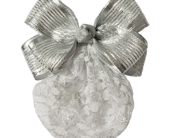 Women's 6" Double Ribbon Hairbow with Hairnet/Bun Cover in Silver/White