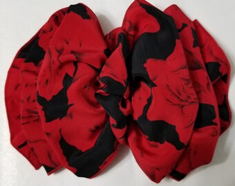 Women's Large Red Roses Satin Fabric Hairbow