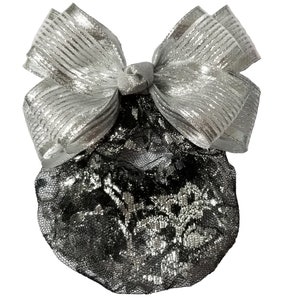 Women's 6 Double Ribbon Hairbow with Hairnet/Bun Cover in Silver/Black image 1