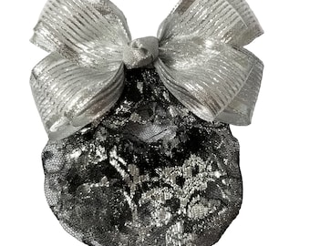 Women's 6" Double Ribbon Hairbow with Hairnet/Bun Cover in Silver/Black