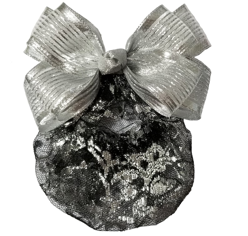 Women's 6 Double Ribbon Hairbow with Hairnet/Bun Cover in Silver/Black image 1