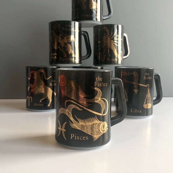 Vintage Fire King Black and Gold Zodiac Mug, Vintage Black and Gold Zodiac Mugs 8 Available