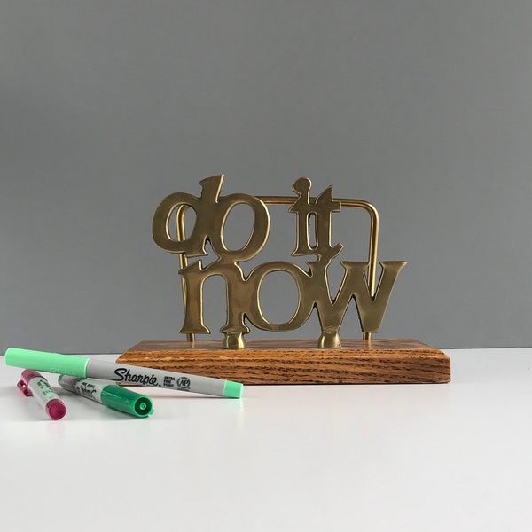 Vintage Brass Do It Now Bill or Letter Organizer, Large Brass and Wood Do It Now Desk Organizer