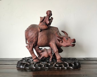 1930's Chinese Wood Carved Wooden Buffalo and Man, Antique Wooden Carved Chinese Water Buffalo and Buddha