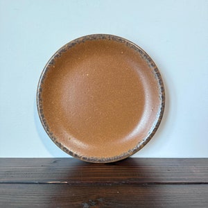 May include: A brown ceramic plate with a dark brown rim. The plate is round and has a smooth surface.