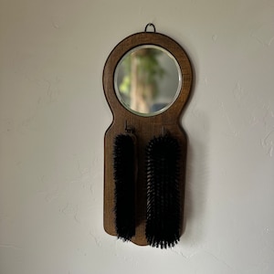 Antique Wall Mirror With Clothes Brushes, 1940&#39;s Wooden Wall Mirror Hanging With Clothes Brushes