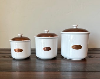 Vintage Ceramic and Copper Canisters, Copper and Ceramic Rustic Sugar Coffee and Tea Canisters