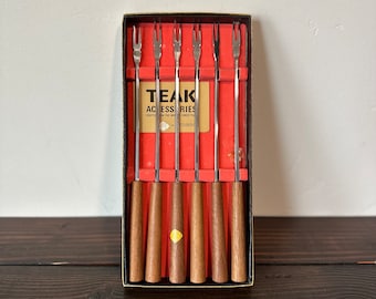 MCM Otagiri Teak Fondue Forks in Original Box, Vintage 70's Teak Fondue Forks by Otagiri