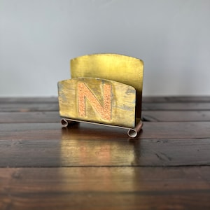 Vintage Copper and Brass Letter or Napkin Holder, Hammered Brass Monogram N Copper Napkin Holder
