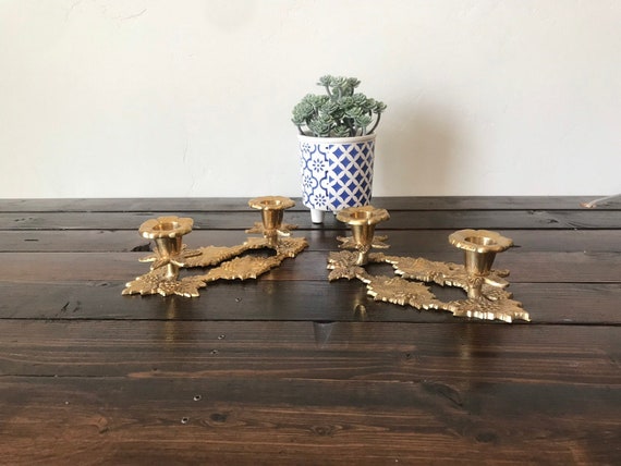 Vintage Brass Grape Leaf Taper Candleholders - Hollywood Regency Set