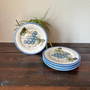 May include: Set of four small ceramic plates with a blue and white grape design. The plates have a blue rim and are stacked on a wooden surface.