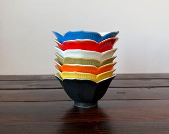 Vintage Japanese Lotus Flower Bowls Set of 7 | Colorful Porcelain Petal Bowls | Mid Century Japan Pottery | Retro Cottagecore Decor