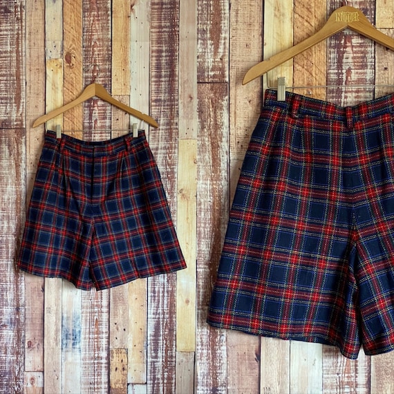 Vintage Plaid Wool Shorts, Vintage High Waist Pla… - image 1