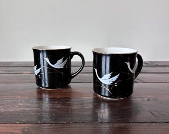 Vintage Japanese Crane Mugs, Black Porcelain, Mid Century Set of 2