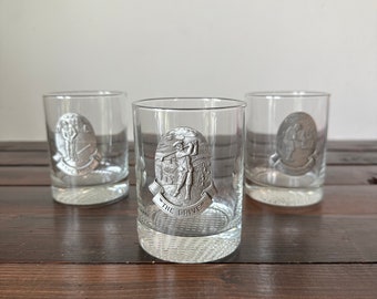 Handsome Golf Themed Glassware, Vintage Pewter Golf Lowball Cocktail Glasses, Collectible Golf Barware Lowball Rocks Glassware Set of 3