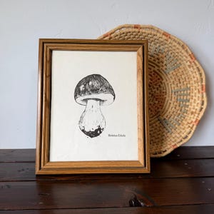 May include: A framed black and white ink illustration of a Boletus Edulis mushroom on a cream-colored background. The artwork is encased in a rectangular wooden frame with a natural grain finish, displaying the scientific name in the bottom corner.