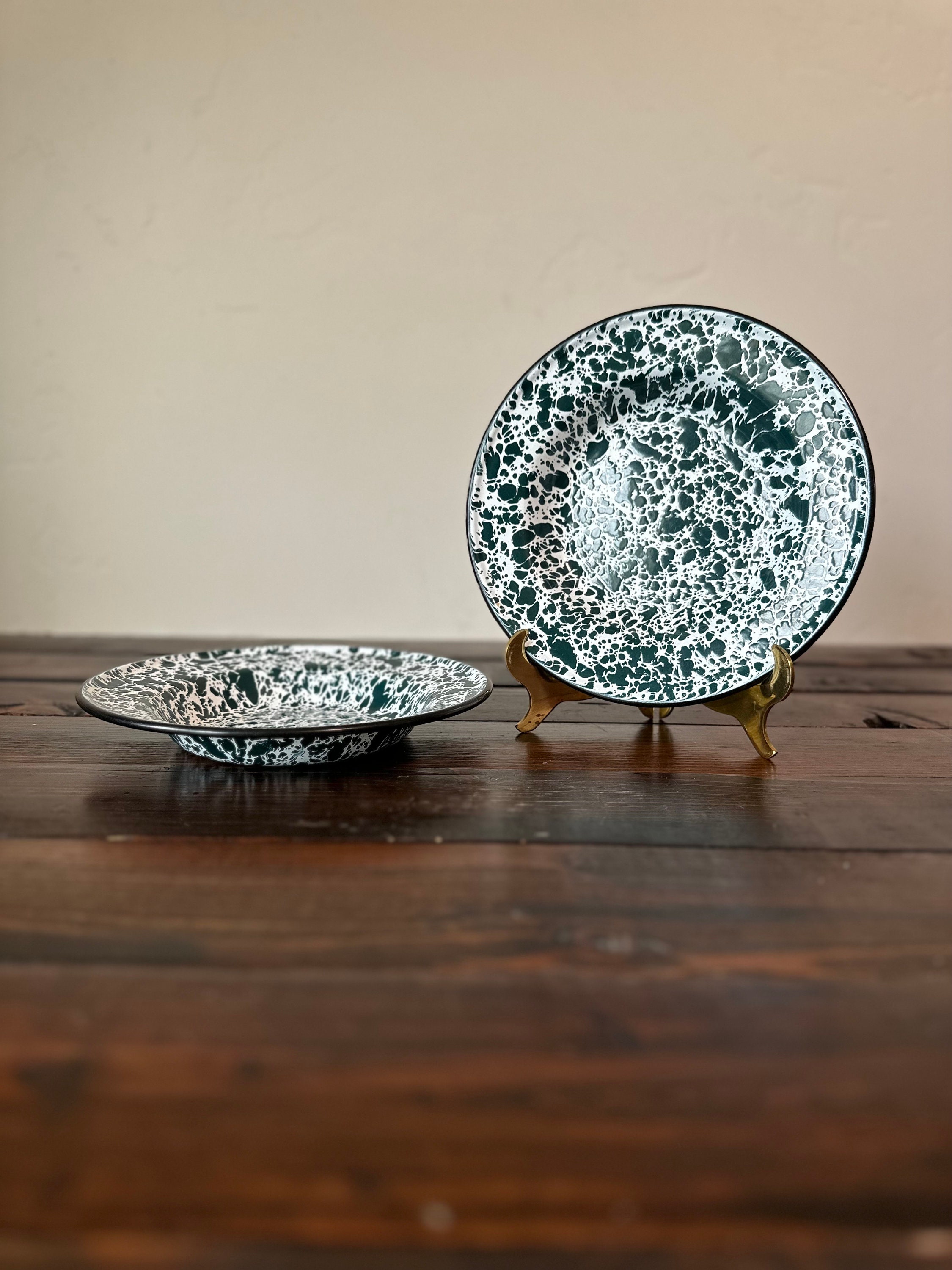 Vintage Enamelware Bowls, Vintage Green and White Splatterware Enamel Low Profile Bowls, Vintage Green and White Enamel Camping Bowls