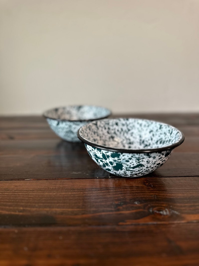 Vintage Enamelware Bowls, Vintage Green and White Splatterware Enamel Bowls, Vintage Green and White Enamel Camping Bowls Set of 2 image 2