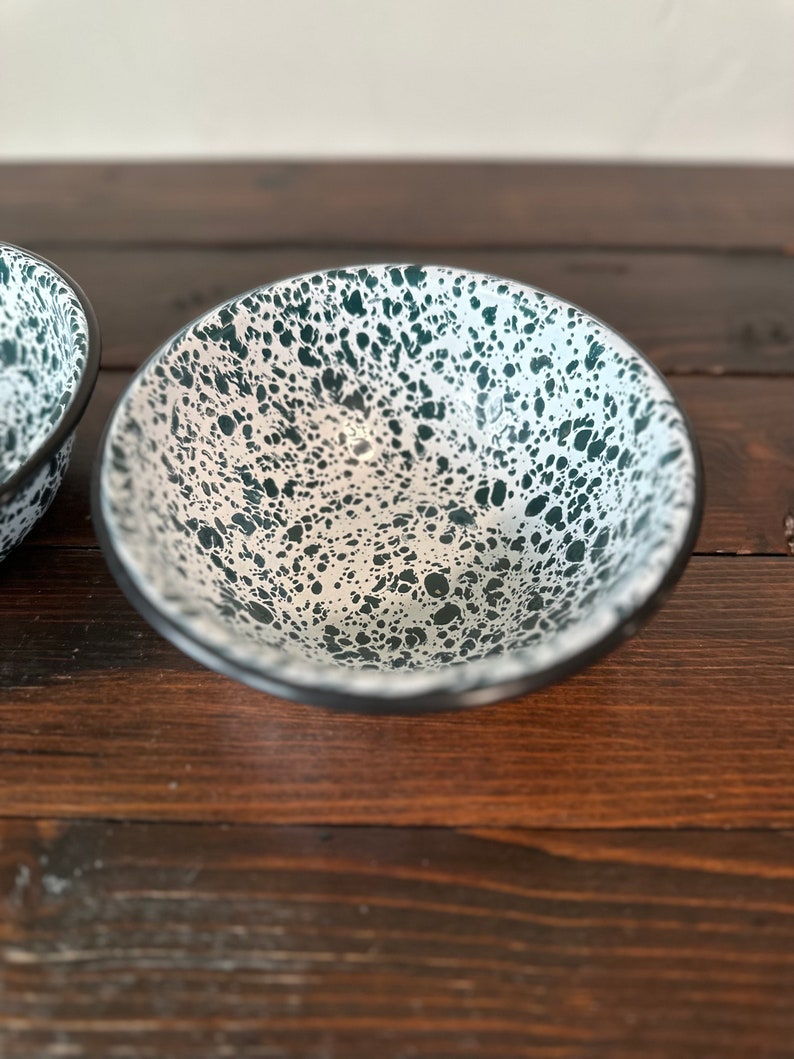 Vintage Enamelware Bowls, Vintage Green and White Splatterware Enamel Bowls, Vintage Green and White Enamel Camping Bowls Set of 2 image 4