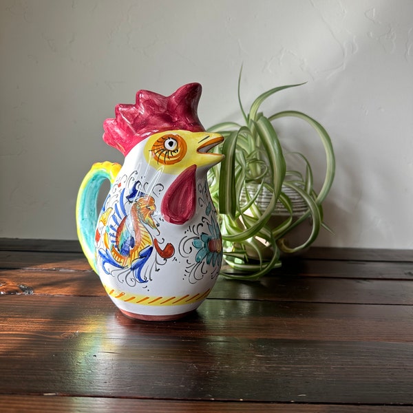 Discontinued Rooster Pitcher by Williams Sonoma, Deruta Style Hand Painted Rooster Pitcher, Vintage Giovanni Vietri Italy Rooster Pitcher