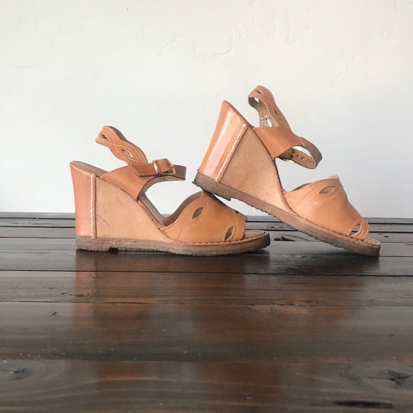 70's Leather Wedge Sandals, Vintage Leather Wedges Made in Spain, Boho Leather Wedge Sandals Size 7