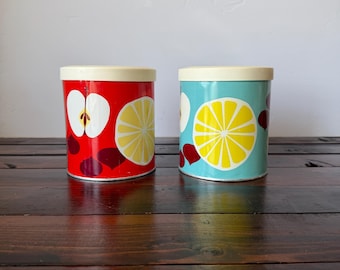 Vintage Procter & Gamble Citrus Canisters – Retro Fruit Tin Containers with Lids – Mid Century Kitchen Storage Red and Aqua Kitchen Decor