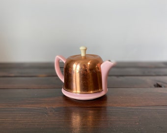 Vintage Hall China Pink Mini Teapot / Creamer with Copper Cozy, Mid Century Forman Family Inc for Hall China Pink Creamer With Copper Cozy