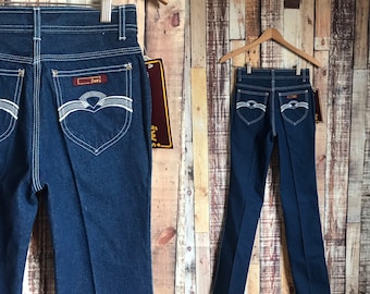 70s Deadstock Jeans West: High Waisted Dark Denim, Embroidered Pockets (27x33)