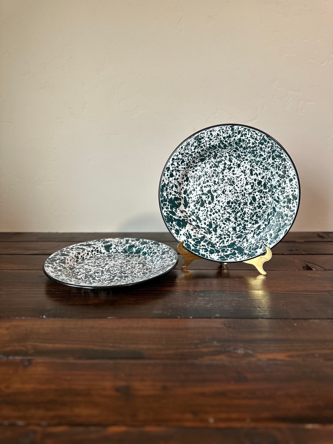 Vintage Enamelware Plates, Vintage Green and White Splatterware Enamel