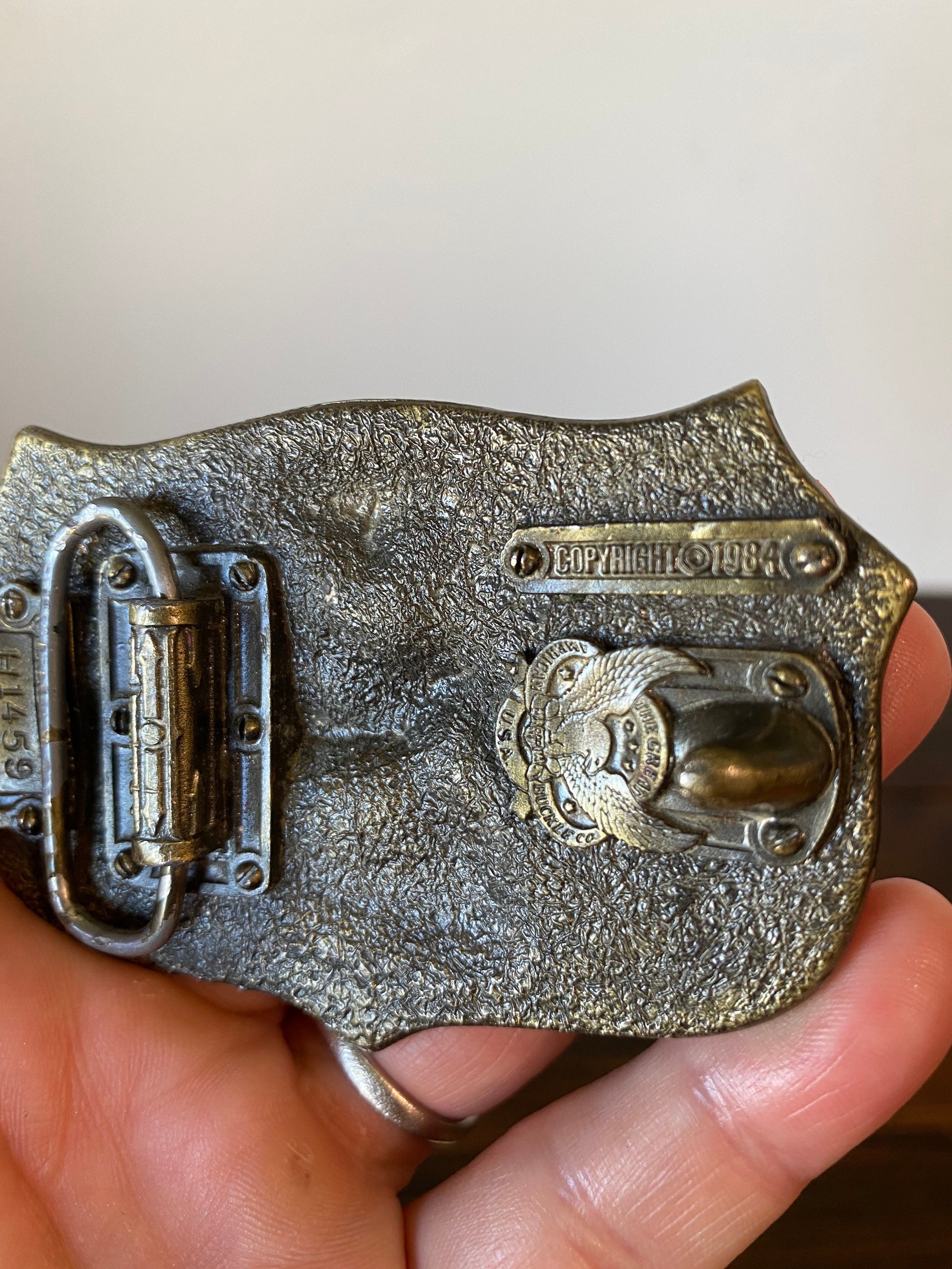Boucle de ceinture vintage American Buckles Co. en laiton « Pilot Beech » ailes avec 3 étoiles, estampillé 1976, numéro de série 721 - France