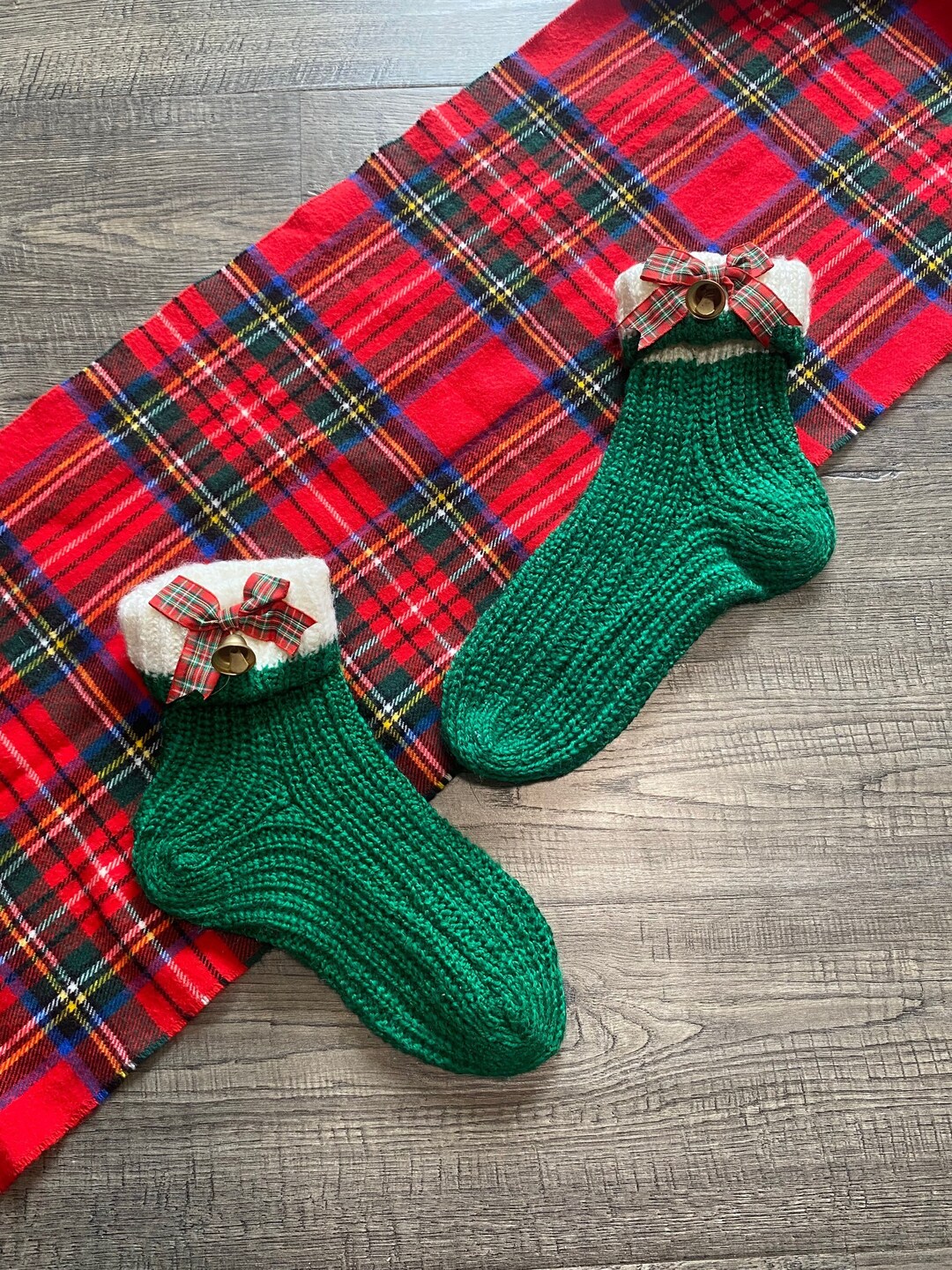 Vintage Crocheted Socks, Vintage Green Crocheted Christmas Socks With