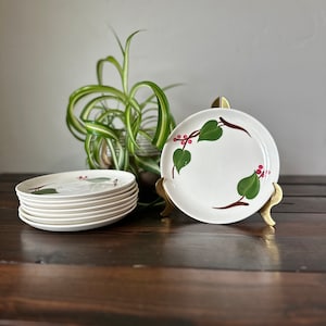 May include: A stack of white ceramic plates with a green leaf and red berry design. The plates are on a wooden surface with a green plant in the background.