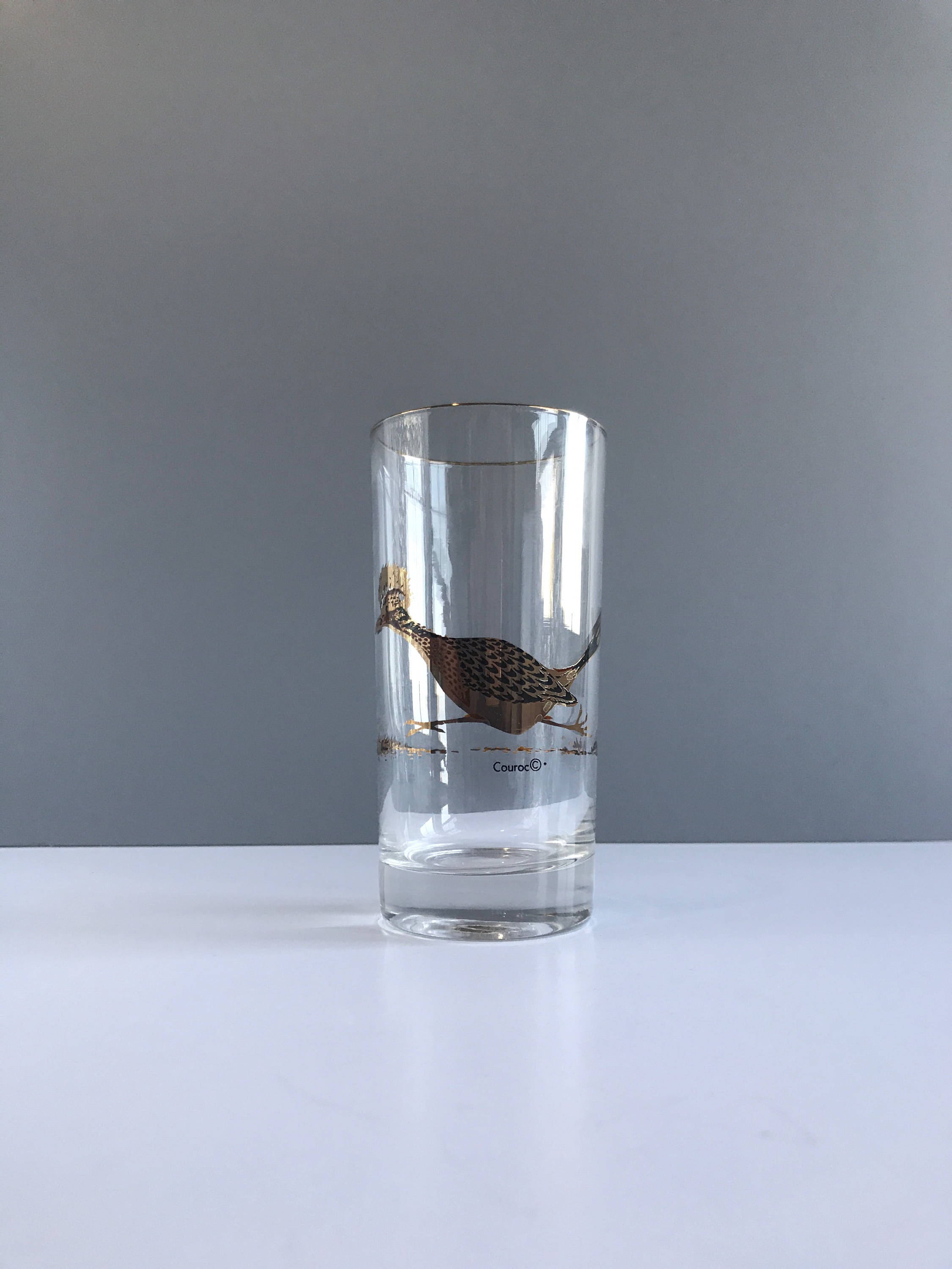 Vintage COUROC Gold Road Runner Bird Whiskey Glass Tumbler Mid-Century Barware