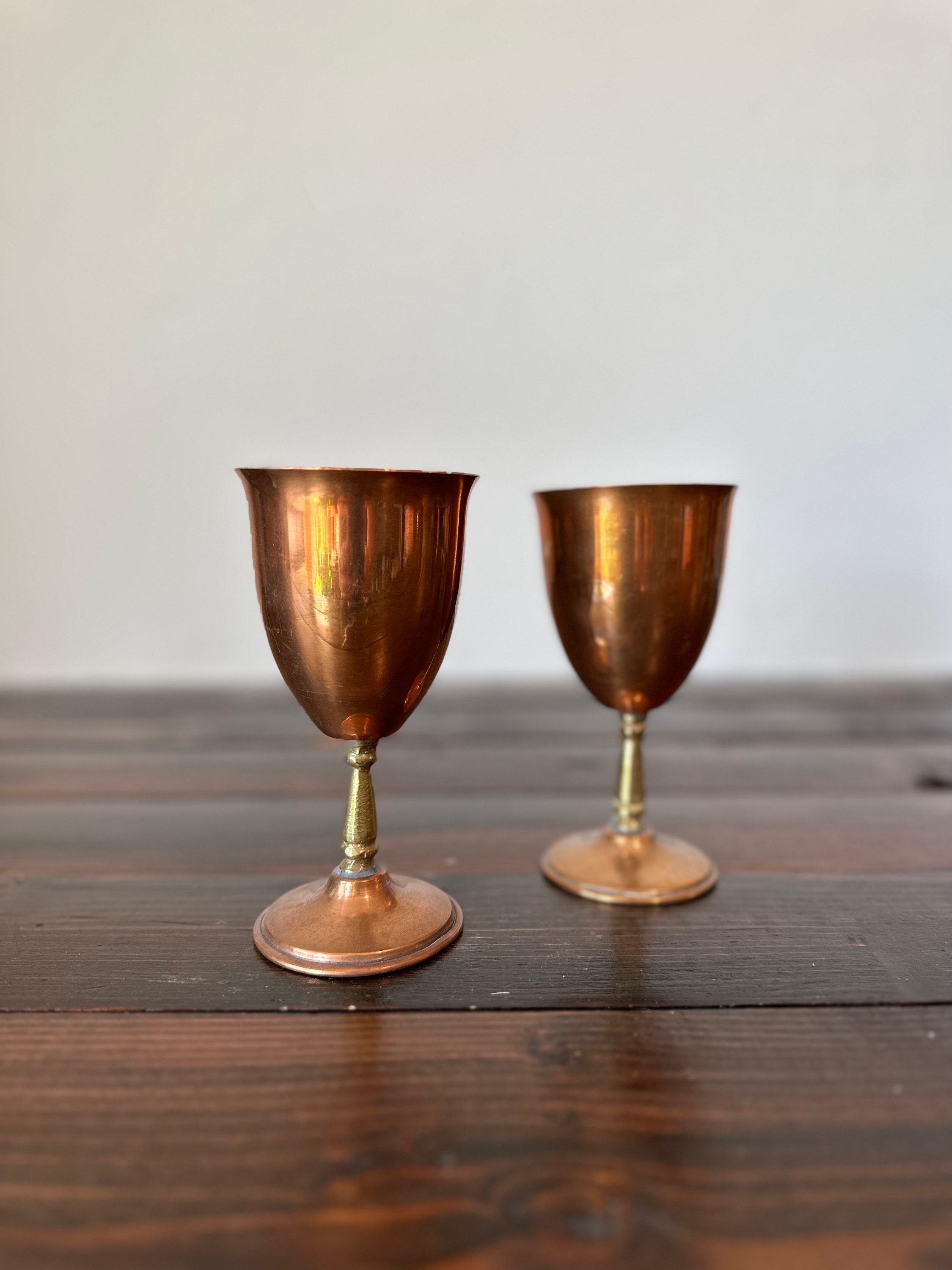 2 Vintage Solid Brass Wine Goblets With Tulip Stems Made in India