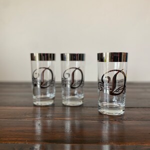 Vintage Monogram 'D' Silver Rim Tumblers, Trio of Mid Century Dorothy Thorpe Style Letter 'D' Highball Glasses