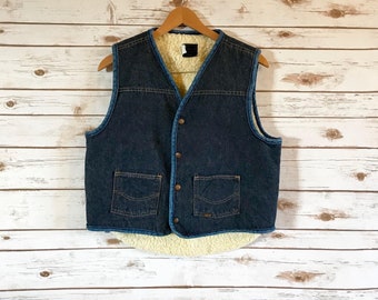 Vintage Denim Vest, Vintage Roebucks Sherpa Lined Denim Vest Size L, Vintage Lined Denim Vest by Sears Roebuck Size L